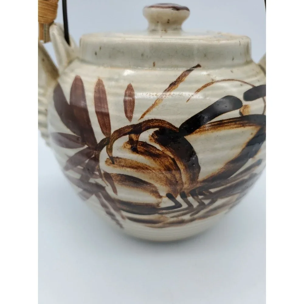 Vintage Japan Ceramic Stoneware Teapot with Wicker Bamboo Handle Asian